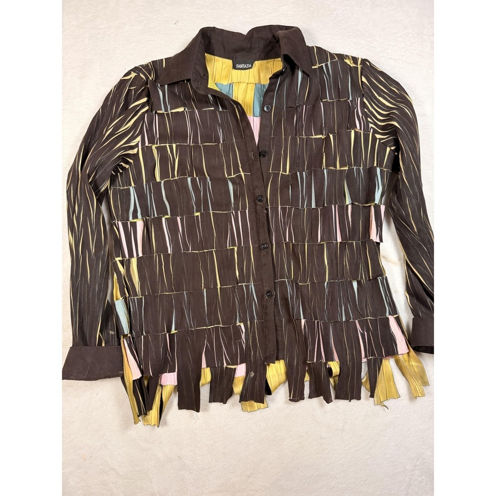 Fantazia Shirt Womens Medium Multicolor Fringe Button Up Woven Artsy Top